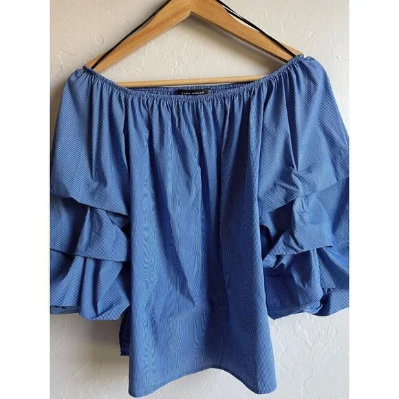 ZARA Woman Size Small Cobalt White Pinstripe Off the Shoulder Cropped Top - Picture 4 of 10